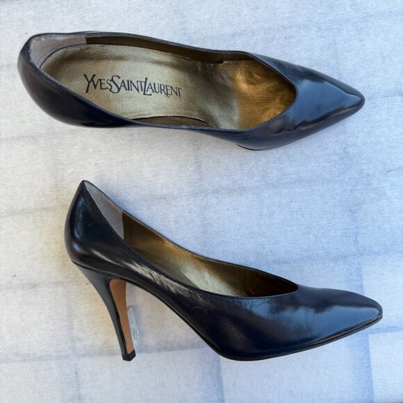 YVES SAINT LAURENT YSL Pump Heel 7N Dress Shoes Vintage Navy Blue Stiletto 90s - Picture 7 of 8